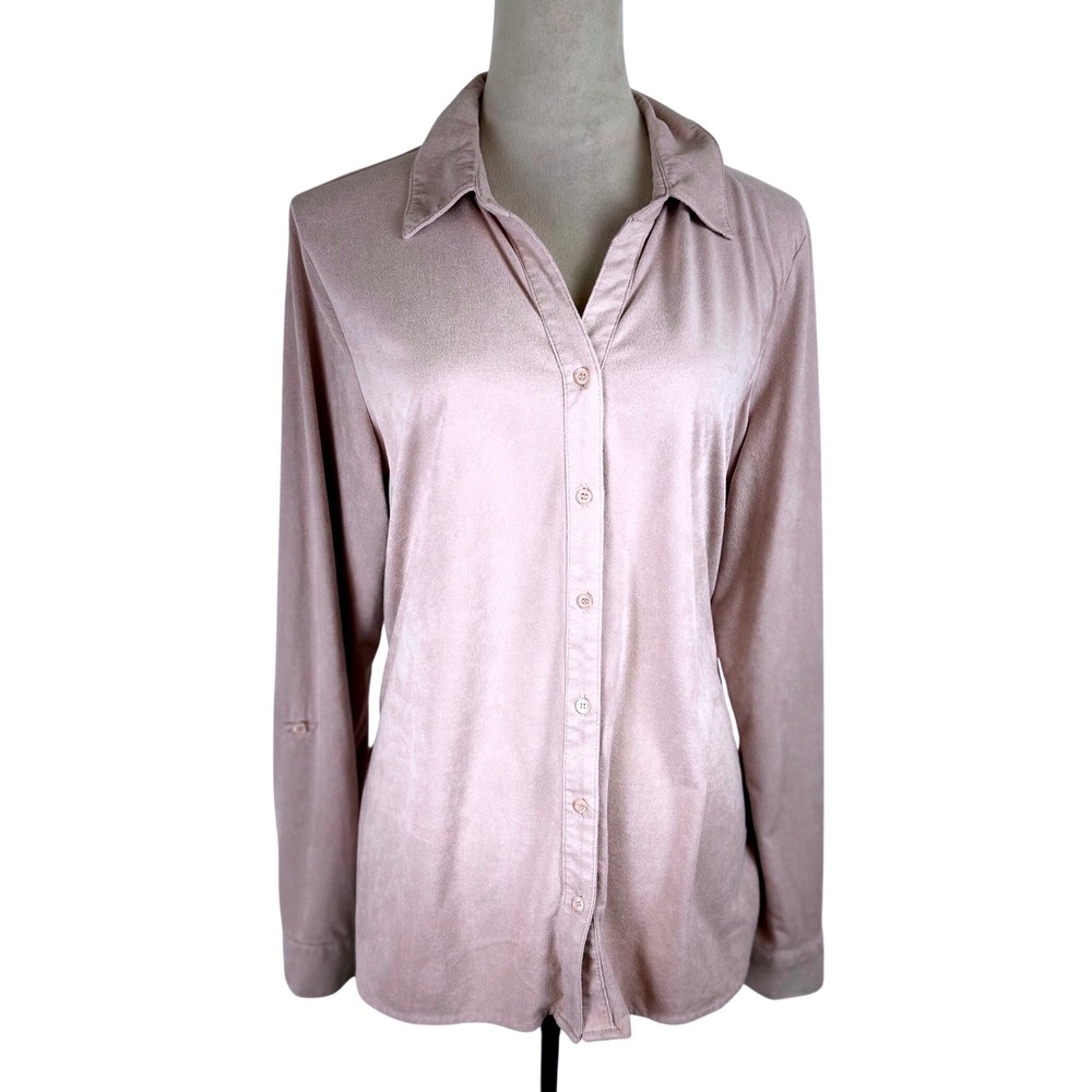 Kim Rogers Faux Suede Blush Pink Button Down with Roll Tab Sleeves Women's Large